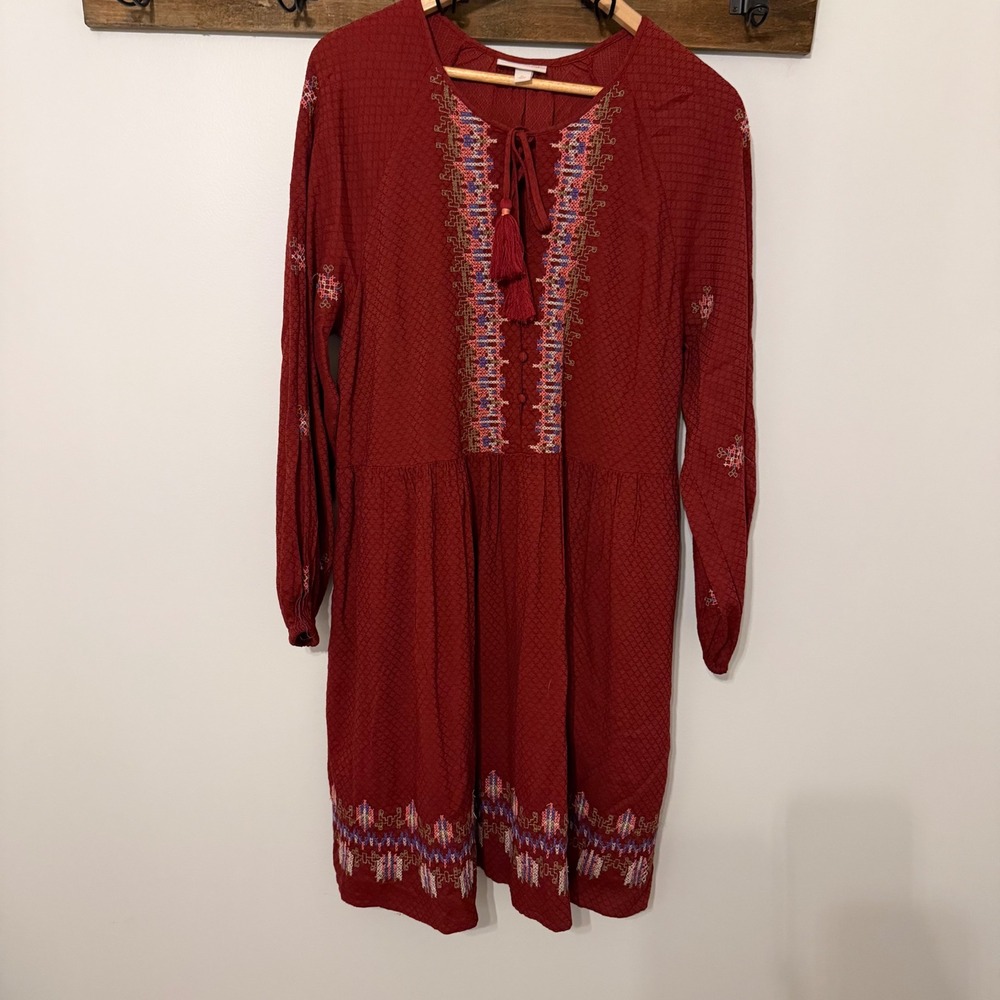 Knox Rose Burgundy Embroidered Tassel Tie Peasant Dress XL Long Sleeve Boho